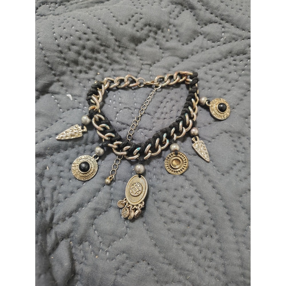 Boho Mixed Media Charm Bracelet Silver Tone Curb Chain Black Cord Medallion Coin